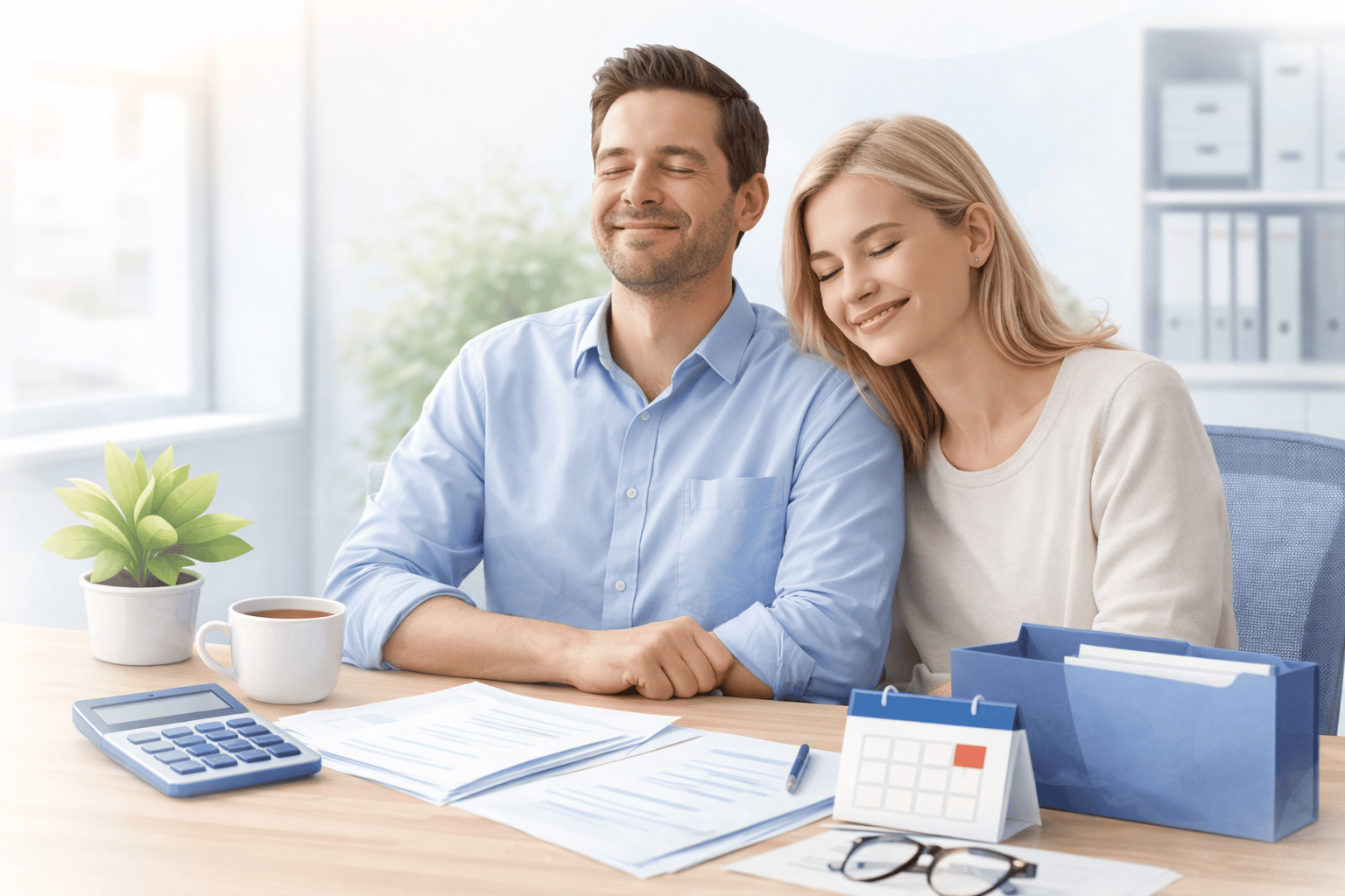 Couple at a desk feeling relieved after organizing tax documents for IRS and Iowa tax resolution
