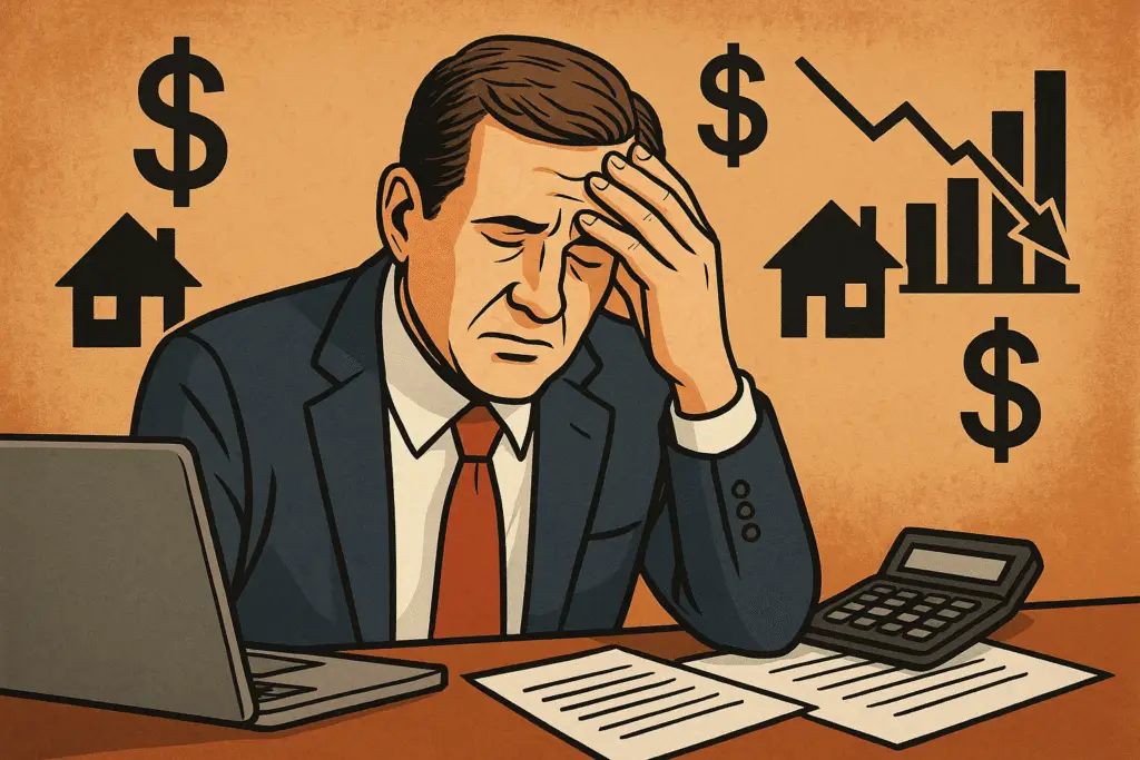 Business owner reviewing financial documents with concerned expression while calculator and tax forms sit on desk