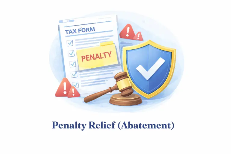 Illustration of a tax form with a “Penalty” note, a shield with a checkmark, and a gavel, representing penalty relief and abatement help