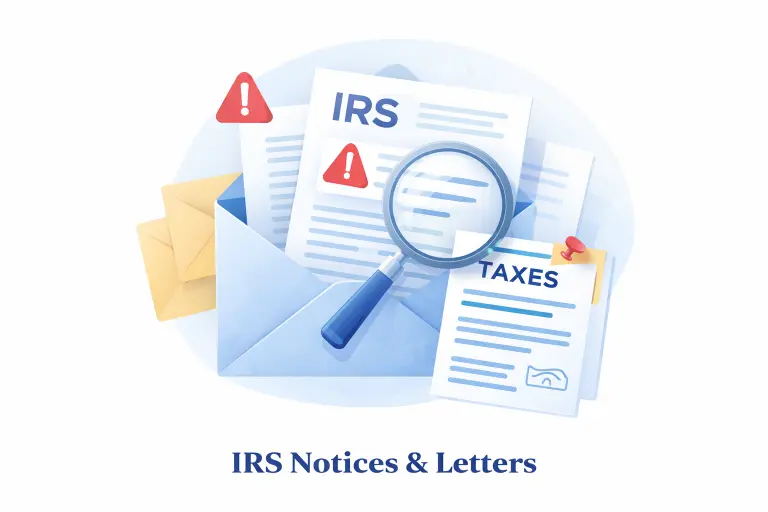 Illustration of an IRS notice letter in an open envelope with a magnifying glass, representing help responding to IRS notices
