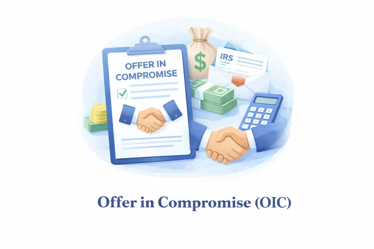 Illustration of an Offer in Compromise agreement with a handshake, calculator, and IRS envelope, representing OIC tax settlement help