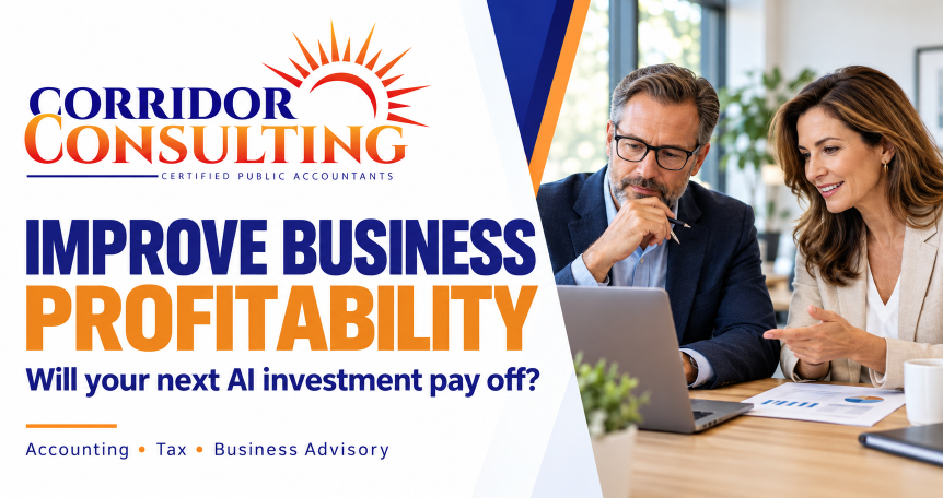 Corridor Consulting graphic reading “Improve Business Profitability,” with two professionals reviewing financial reports beside a laptop.