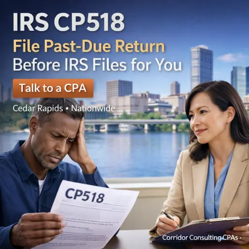 IRS Notice CP518 help—file past-due tax return with Cedar Rapids CPA tax relief support from Corridor Consulting CPAs.