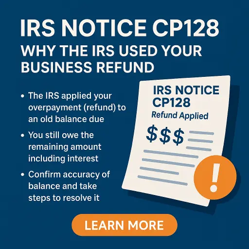 IRS Notice CP128 explaining why a business tax refund was used to pay an outstanding IRS balance