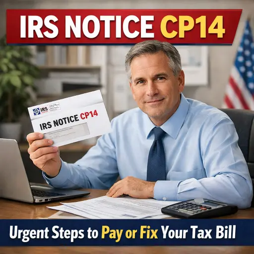 IRS Notice CP14 tax relief graphic showing an IRS tax bill and CPA guidance on urgent steps to pay or fix a balance due.