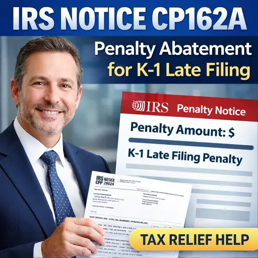 IRS Notice CP162A tax relief graphic showing penalty abatement for K-1 late filing, trusted CPA help for S corps and partnerships.