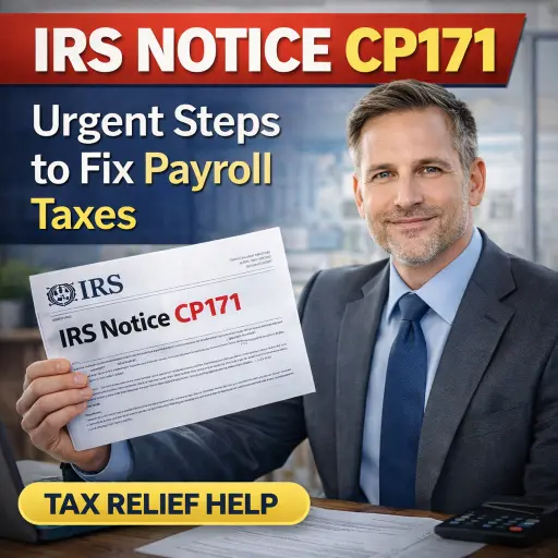 IRS Notice CP171 tax relief Cedar Rapids CPA — graphic showing CP171 notice with “Urgent Steps to Fix Payroll Taxes” and a tax relief help button