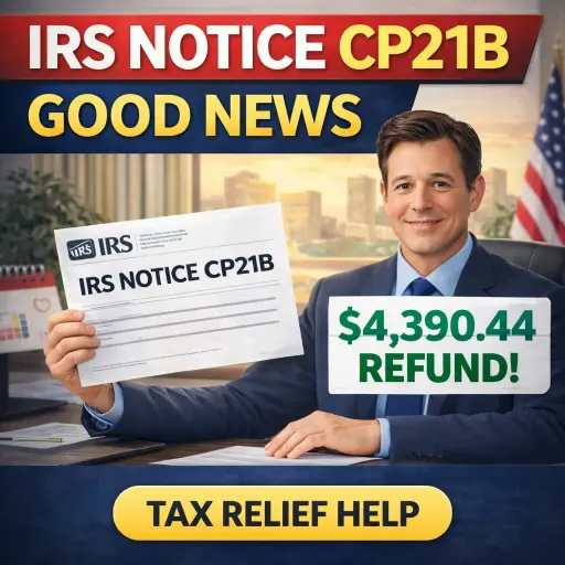 IRS Notice CP21B tax relief help from a Cedar Rapids CPA—good news refund notice showing the IRS owes you a refund after an approved adjustment.