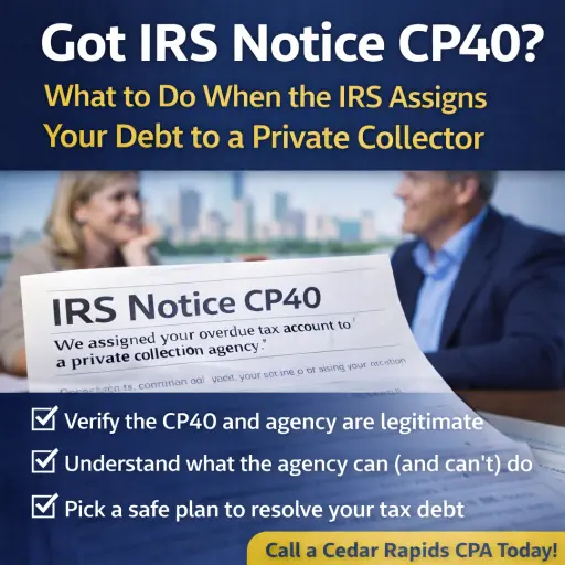 IRS Notice CP40 private debt collection help checklist with Cedar Rapids CPA.