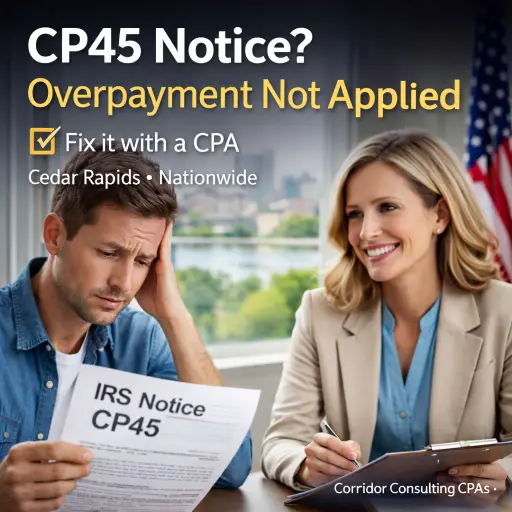 IRS Notice CP45 overpayment not applied—Cedar Rapids CPA tax relief help from Corridor Consulting CPAs.