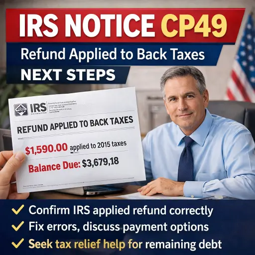 IRS Notice CP49 tax relief graphic showing refund applied to back taxes and next steps to confirm the offset and resolve the remaining IRS balance.