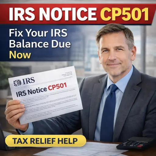 IRS Notice CP501 tax relief Cedar Rapids CPA — graphic showing CP501 notice with “Fix Your IRS Balance Due Now” and a tax relief help button
