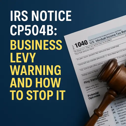 IRS Notice CP504B business levy warning graphic with tax form 1040 and judge's gavel