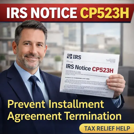 IRS Notice CP523H tax relief Cedar Rapids CPA — man holding CP523H notice with “Prevent Installment Agreement Termination” text