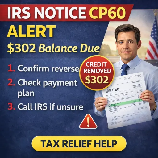 IRS Notice CP60 tax relief help from a Cedar Rapids CPA—alert showing credit removed and a new balance due with next steps checklist.