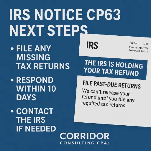 IRS Notice CP63 next steps graphic showing that the IRS is holding your tax refund and urging you to file past-due returns within 10 days