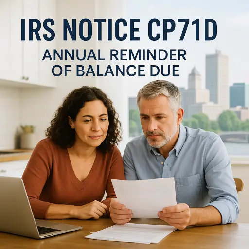 Middle-aged couple reviewing IRS Notice CP71D at kitchen table with laptop while discussing tax relief options with a Cedar Rapids CPA.