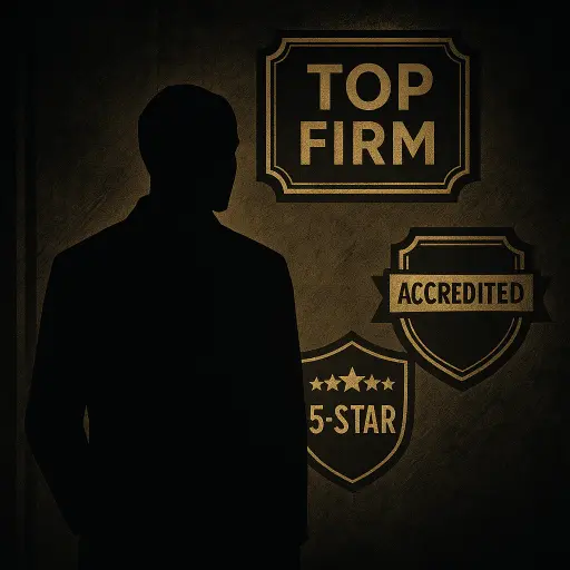 Shadowy silhouette looking at glowing “Top Firm,” “Accredited,” and “5-Star” badges, symbolizing the dark side of fake awards when choosing an accounting firm.