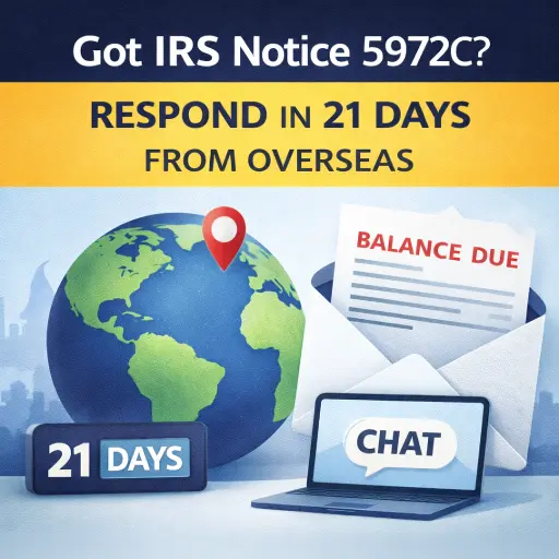 IRS Notice 5972C respond in 21 days from outside the U.S. tax relief help with Cedar Rapids CPA.