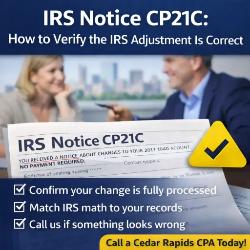 IRS Notice CP21C verification checklist image for tax relief help from a Cedar Rapids CPA.