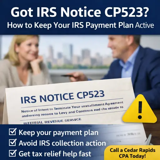 IRS Notice CP523 tax relief help graphic with checklist, Cedar Rapids CPA.