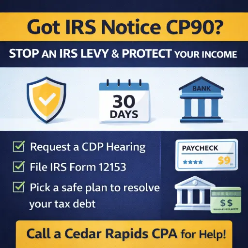 IRS Notice CP90 stop levy checklist with 30-day deadline, Cedar Rapids CPA tax relief help.