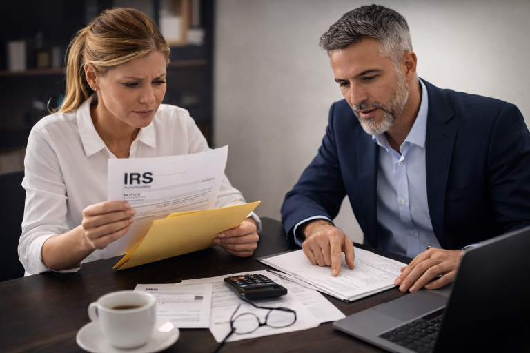 Client meeting with a CPA to review an IRS notice, tax documents, and possible tax resolution options.