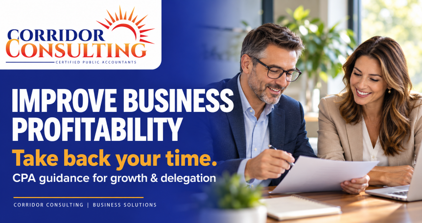 Corridor Consulting graphic with two professionals reviewing financial reports and the headline “Improve Business Profitability. Take back your time.”