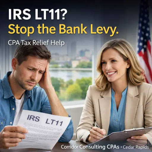 IRS LT11 tax relief help with Cedar Rapids CPA—stop bank levy guidance from Corridor Consulting CPAs.