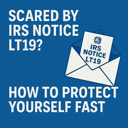 IRS Notice LT19 letter illustration showing a taxpayer reviewing an unpaid tax balance with a CPA advisor