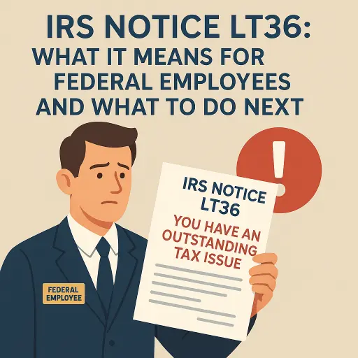 IRS Notice LT36 illustration showing a worried federal employee reviewing an outstanding IRS tax issue