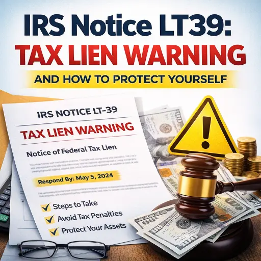 IRS Notice LT39 tax lien warning graphic showing IRS letter and bold text “Tax Lien Warning and How to Protect Yourself.”