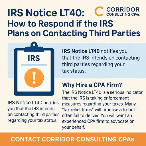 IRS Notice LT40 explanation graphic showing steps to take when the IRS plans to contact third parties about your tax debt