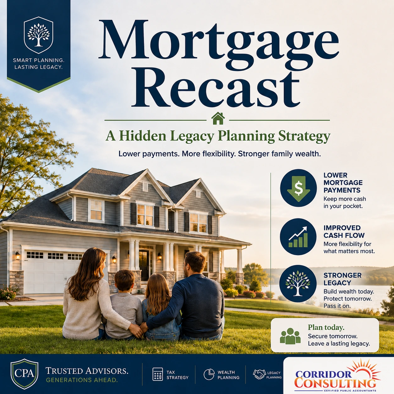 Mortgage recast legacy planning graphic showing a family in front of a home with Corridor Consulting CPAs branding and benefits of lower payments, improved cash flow, and stronger family wealth.