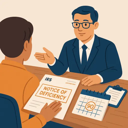 Client meeting with CPA reviewing an IRS notice of deficiency and 90-day deadline on a calendar