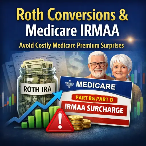 Roth conversions and Medicare IRMAA graphic showing a Roth IRA jar, Medicare Part B & Part D IRMAA surcharge card, upward chart, and warning icon.