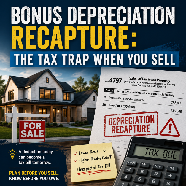 Illustration of a rental property, tax documents, calculator, and warning symbol representing bonus depreciation recapture when selling real estate.