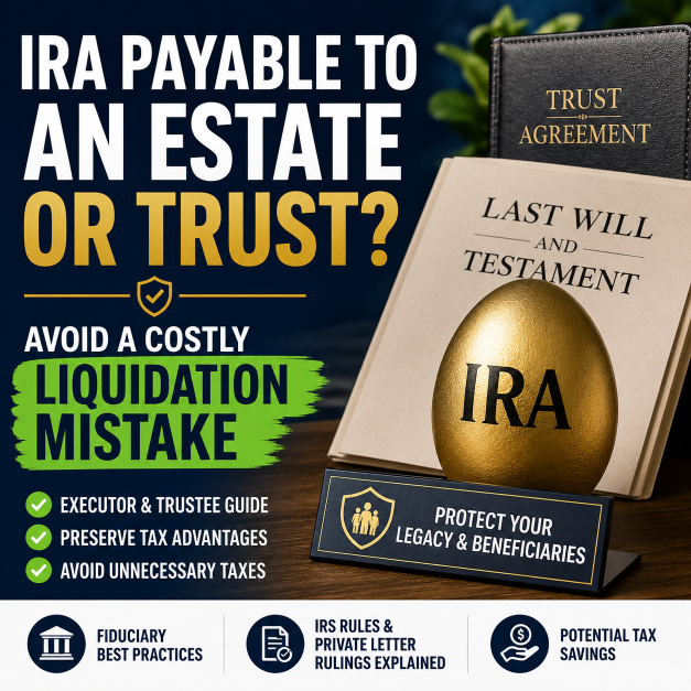 IRA payable to an estate or trust with inherited IRA, will, and trust documents illustrating how executors may avoid a costly liquidation mistake