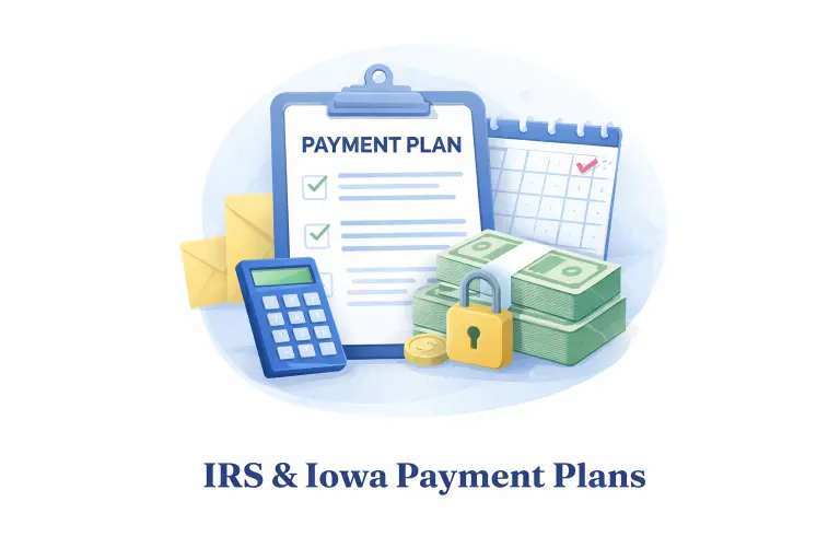 Illustration of a payment plan checklist with a calculator and calendar, representing IRS and Iowa tax payment plan help
