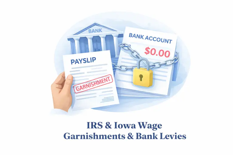 Illustration of a garnished payslip and a locked bank account, representing IRS and Iowa wage garnishments and bank levies help