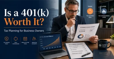 Business owner reviewing a 401(k) retirement account and tax planning strategy for Roth conversions, RMDs, and inherited wealth