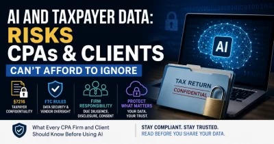 AI and taxpayer data privacy risks for CPA firms and clients, featuring a confidential tax return, security lock, and AI technology.