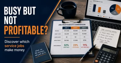 Service business job profitability comparison showing revenue, direct costs, gross profit, and gross margin for three jobs.