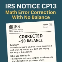 IRS Notice CP13 math error correction letter showing corrected return with zero balance