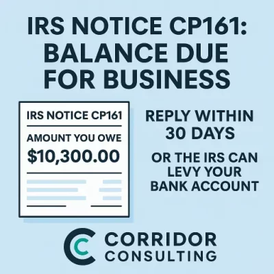 IRS Notice CP161 letter illustration showing business tax balance due and warning about penalties and interest