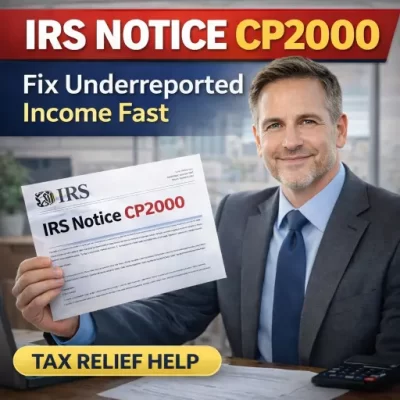 IRS Notice CP2000 tax relief Cedar Rapids CPA — graphic showing CP2000 notice with “Fix Underreported Income Fast” and a tax relief help button