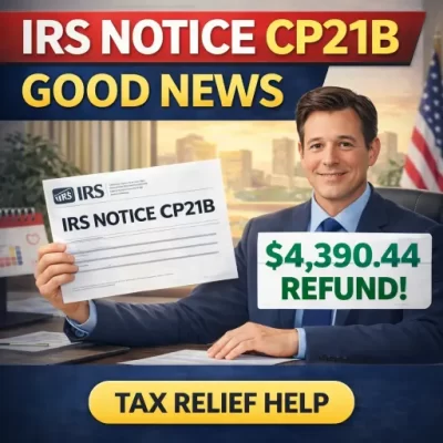 IRS Notice CP21B tax relief help from a Cedar Rapids CPA—good news refund notice showing the IRS owes you a refund after an approved adjustment.