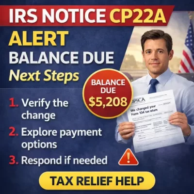 IRS Notice CP22A tax relief help from a Cedar Rapids CPA—alert for a new balance due after an IRS adjustment with next steps checklist.