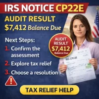 IRS Notice CP22E tax relief help from a Cedar Rapids CPA—female advisor with CP22E audit result and balance due next steps checklist.