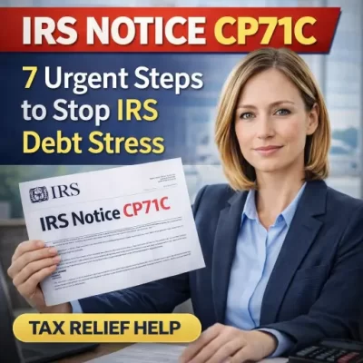 IRS Notice CP71C tax relief Cedar Rapids CPA — graphic showing CP71C notice with “7 Urgent Steps to Stop IRS Debt Stress” and a tax relief help button